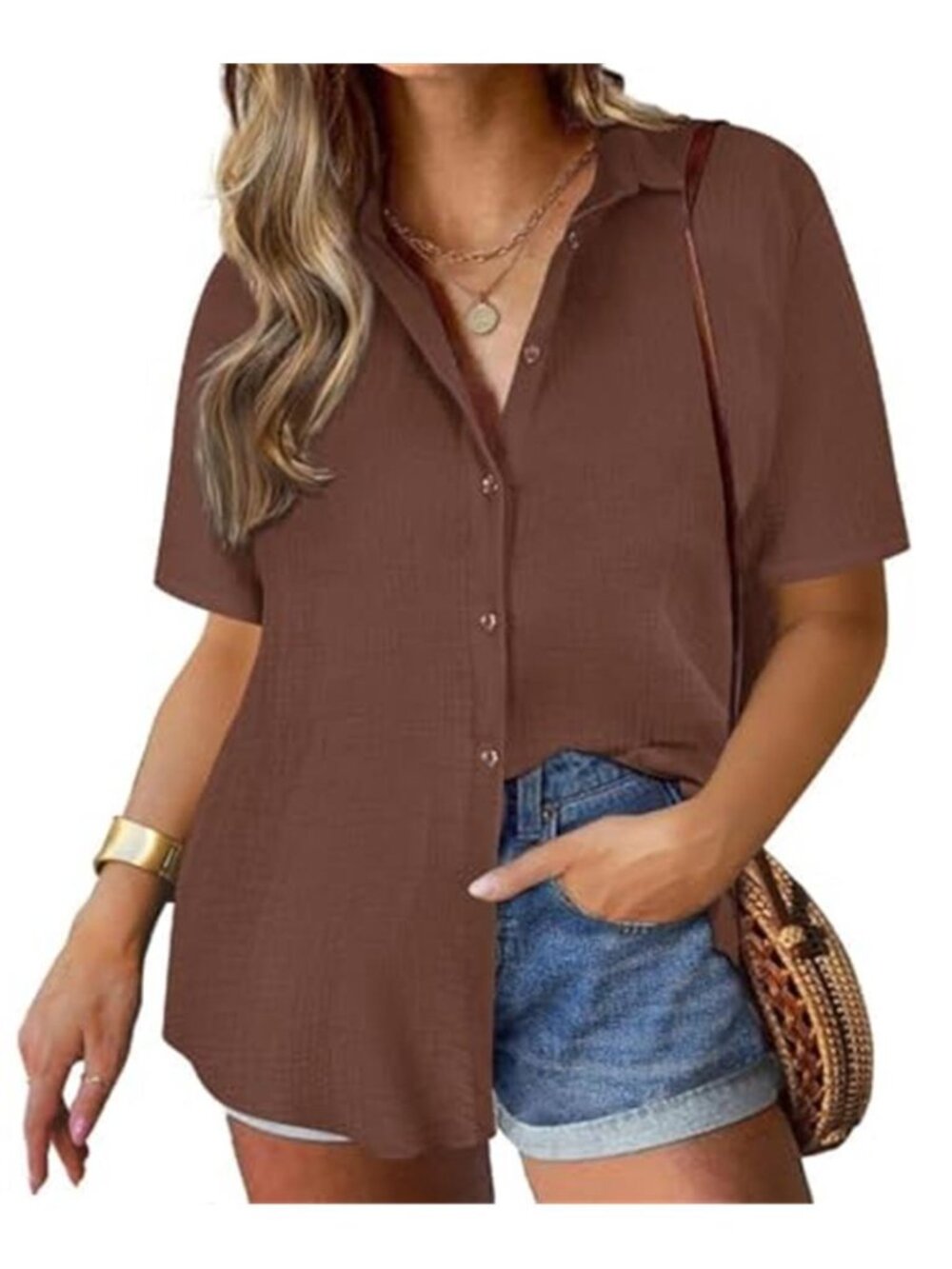 Plus Size Button Down Blouse Short Sleeve Tropical Print Collared Summer Shirt